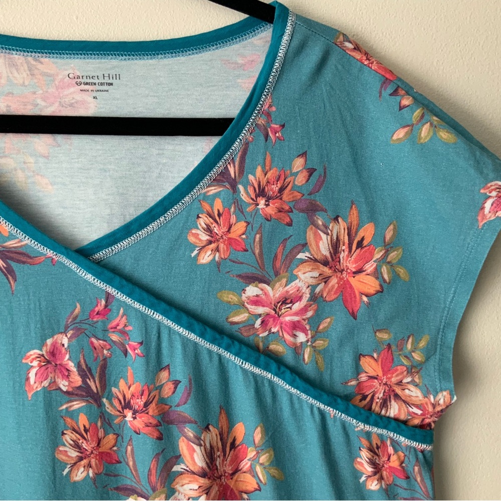 GARNET HILL Asian Wrap Floral Nightgown Organic Cotton Teal Blue Pink XL - Picture 4 of 11